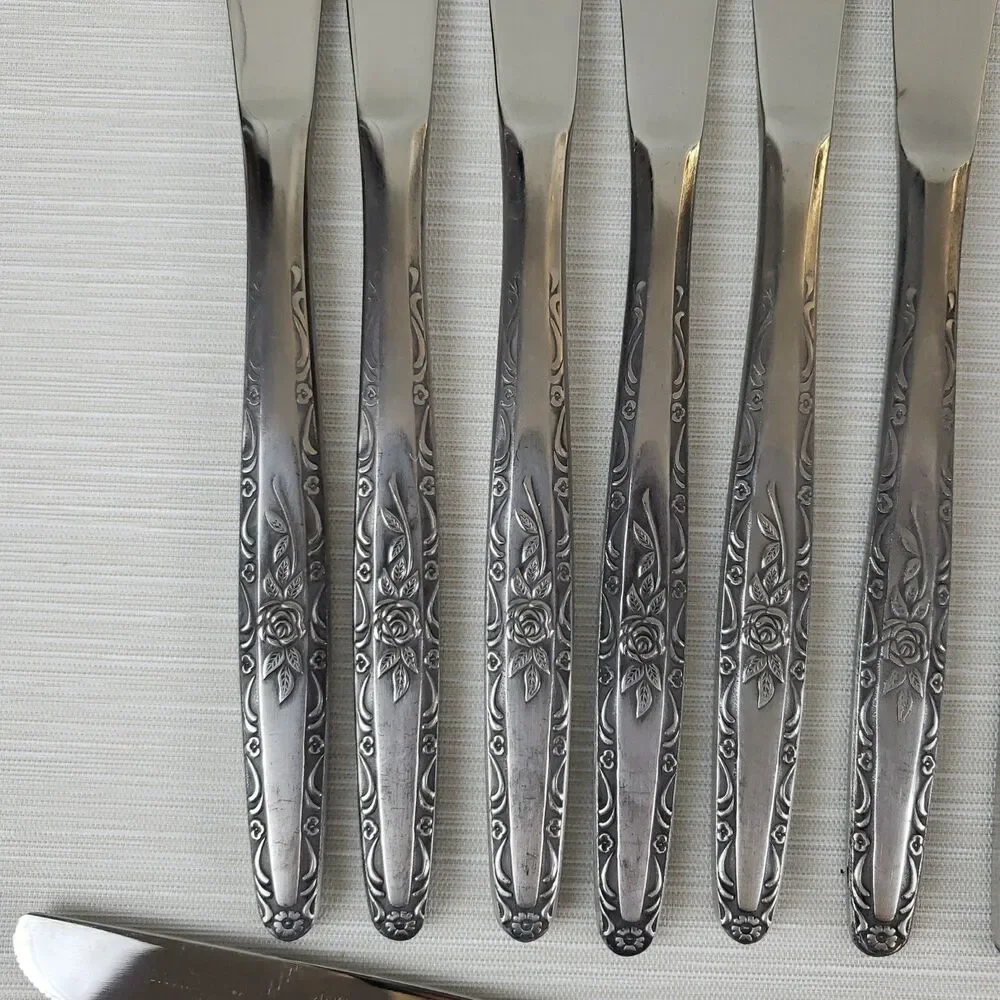 Vintage Single Rose Stainless Steel Butter Knives 8 Pcs Silverware Japan MCM